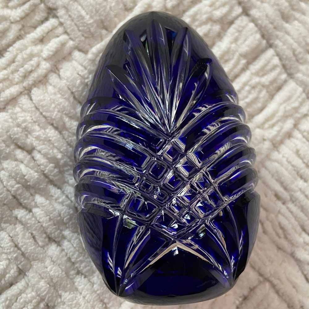 Glass Bohemian Cobalt Cut To Clear Etched Egg Crystal Blue Paperweight